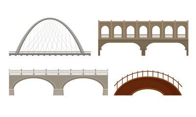 Various Types of Bridges Made of Concrete and Metal Isolated on White Background Vector Set