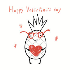 Illustration vectorielle dessinés à la main d& 39 un ananas drôle mignon dans des verres, tenant un coeur, avec texte Happy Valentines day. Objets isolés sur blanc. Dessin au trait. Concept de design pour carte enfants, inviter.