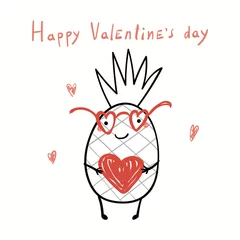 Fotobehang Hand getekende vectorillustratie van een leuke grappige ananas in glazen, met een hart, met tekst Happy Valentines day. Geïsoleerde objecten op wit. Lijntekening. Ontwerpconcept voor kinderkaart, uitnodigen. © Maria Skrigan