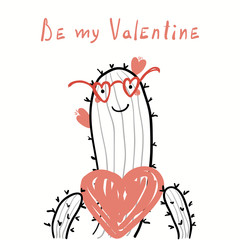 Illustration vectorielle dessinés à la main d& 39 un cactus drôle mignon dans des verres, tenant un coeur, avec le texte Be my Valentine. Objets isolés sur fond blanc. Dessin au trait. Concept de design pour carte enfants, inviter.