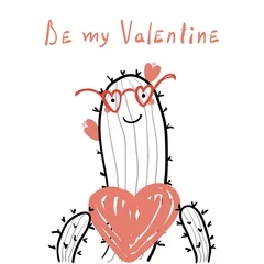 Sierkussen Hand getekende vectorillustratie van een leuke grappige cactus in glazen, met een hart, met tekst Be my Valentine. Geïsoleerde objecten op een witte achtergrond. Lijntekening. Ontwerpconcept voor kinderkaart, uitnodigen. © Maria Skrigan