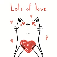 Foto op Aluminium Hand getekende vectorillustratie van een schattige grappige kat met een hart, met tekst Veel liefde. Geïsoleerde objecten op een witte achtergrond. Lijntekening. Ontwerpconcept voor kinderen Valentijnsdag kaart, uitnodigen. © Maria Skrigan