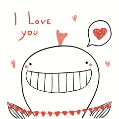 Foto op Plexiglas Hand getekende vectorillustratie van een leuke grappige walvis met harten slinger, met tekst ik hou van je. Geïsoleerde objecten op een witte achtergrond. Lijntekening. Ontwerpconcept kinderen Valentijnsdag kaart, uitnodigen. © Maria Skrigan