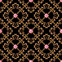 Seamless luxury golden pattern with ruby gems