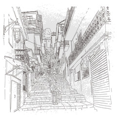 old town european street in hand drawn line sketch style