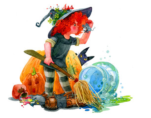 Red-haired witch with a broom, holds a mouse in her hands, showing tongue. Watercolor illustration, handmade.