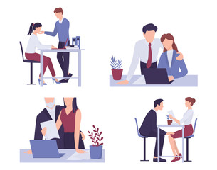 Sexual harassment in workplace set. Assault and abuse behavior.