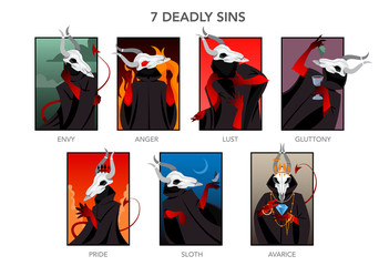Seven deadly sins set. Christian bible character. Anger, envy, lust - obrazy, fototapety, plakaty