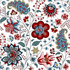 Fotobehang Paisley Chintz naadloos patroon. Bloemen achtergrond. Indiase stof met rode en blauwe bloemen