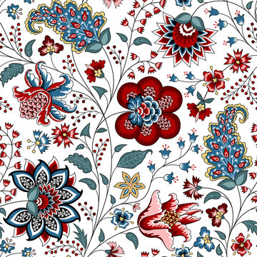 Chintz seamless pattern. Floral background. Indian Fabric with red and blue flowers