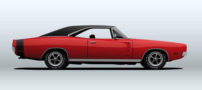Red, classic muscle car in vector.