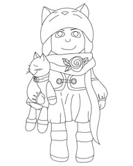 Coloring page outline of cartoon cute little girl with toy cat  in the hand.  Vector illustration,  coloring book for kids.