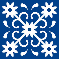 Fototapeta na wymiar Mexican talavera tile pattern. Ornament in traditional style from Puebla in classic blue and white. Floral ceramic composition with flower, dot and leaves. Folk art design from Mexico.