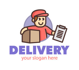 Smiling funny cute delivery man holding a cardboard box. Design for print, emblem, t-shirt, party decoration, sticker, logotype.