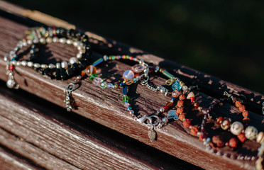 Stone bracelet handmade.Semi-precious stones bracelet. Bracelet on the hand close-up. Every day...