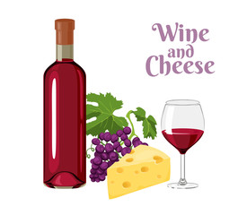Wine and cheese. A bottle of red wine, a glass, a bunch of dark grapes and a piece of cheese isolated on a white background. Vector illustration of food and alcoholic drink in cartoon flat style.