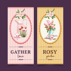 Flower garden flyer design with Tulips, Carnation watercolor illustration.