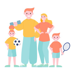 Family and sport activity. Mother, father and children doing gymnastics