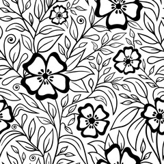 Hand drawn leaves. Flowers seamless pattern. Elegant spring and summer design. Floral elements for background prints, wedding invitations, wallpapers, textile, fabric. Black and white backdrop. Vector