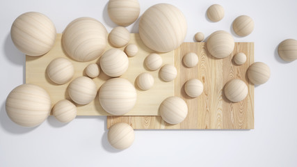 Fototapeta na wymiar Minimal white background, copy space, wooden planks, cutting board, spheres, bubble made of wood. Interior design concept, mood board