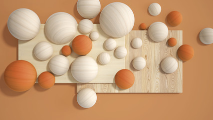 Minimal orange colored background, copy space, wooden planks, cutting board, spheres, bubble made of wood. Interior design concept, mood board