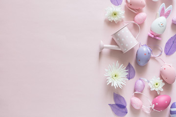 Top view of pink arrangement decoration, Happy Easter holiday background concept with copy space