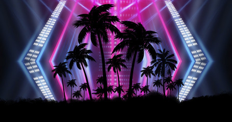 Space futuristic landscape. Neon palm tree, tropical leaves.
