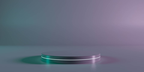 abstract modern futuristic round dark metal podium with blue and magenta neon lighting. minimalistic pedestal in dark room. 3D render illustration