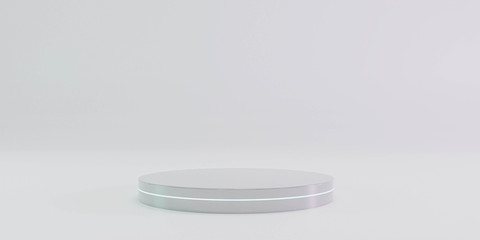 abstract modern futuristic round white metal podium with blue neon lighting. minimal studio with white pedestal in white room. 3D render illustration