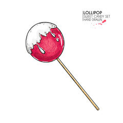 Hand drawn set of sweet candies. Twisted caramel lollipops. Vector food icons. Use for restaurant, menu, party decorating, flyer, banner. Sugar Halloween, Christmas dessert.