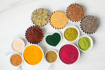 Top view of various dietary supplements for salads