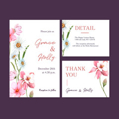 Flower garden wedding card design with daisy, columbine flower watercolor illustration.