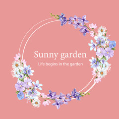 Flower garden wreath design with daisy, vinca, orchid, dianthus watercolor illustration.