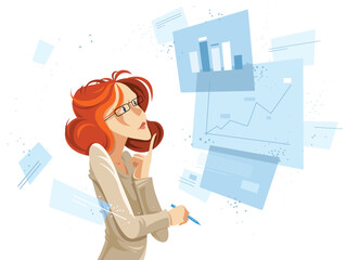 Business woman discovering graphs statistics vector cartoon illustration isolated on white, thinking and analyzing lady manager boss, smart attractive female.