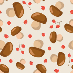 Vector seamless pattern with mushrooms and red berries; simple seasonal pattern for fabric, wallpaper, package, wrapping paper, textile, web design.