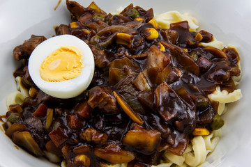 Jajangmyeon, noodle dish topped with black sauce