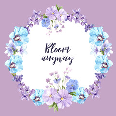 Flower garden wreath design with hibiscus syriacus, vinca watercolor illustration.