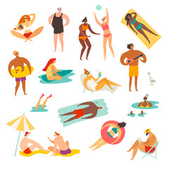 Summer people on the beach vector illustration. Summer relax and outdoor activities. Reading books, sunbathing and surfing. Summer holiday rest. Flat retro cartoon illustration - 322048975