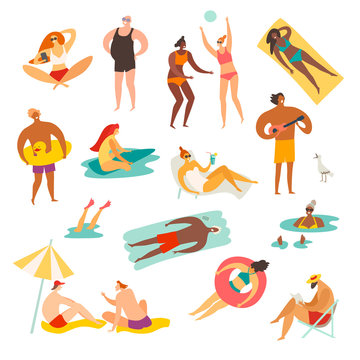 Summer People On The Beach Vector Illustration. Summer Relax And Outdoor Activities. Reading Books, Sunbathing And Surfing. Summer Holiday Rest. Flat Retro Cartoon Illustration