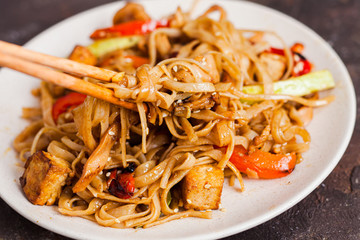 Asian vegan udon noodles with tofu and vegetables
