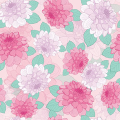 Dahlia pink and purple flowers seamless pattern