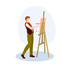 The Artist Paints A Picture On Canvas vector illustration from hobbies collection. Flat cartoon illustration isolated on white