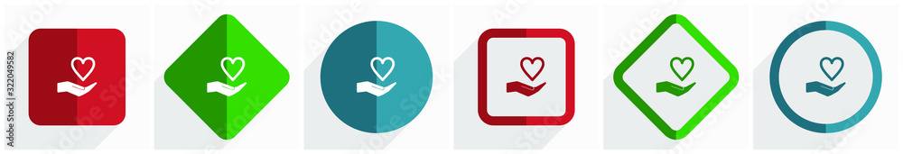 Aufkleber care love icon set, flat design vector illustration in 6 options for webdesign and mobile applicatio