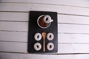 homemade bagels with chocolate cup