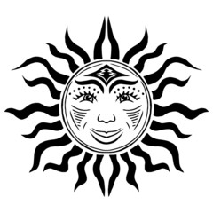 Illustration with beautiful hand drawn sun symbol. Invitation element. Tattoo design. Drawing for coloring book. Heraldry and logo concept art.