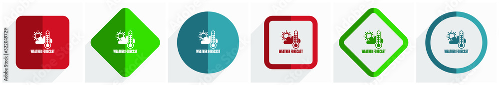 Aufkleber Weather forecast icon set, flat design vector illustration in 6 options for webdesign and mobile applications in eps 10