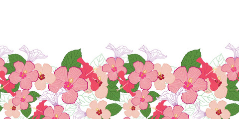 Hibiscus flowers seamless horizontal border
