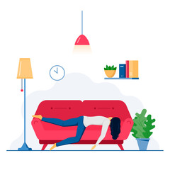 Vector concept of overworked woman slipping at home on red sofa