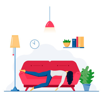 Vector concept of overworked woman slipping at home on red sofa