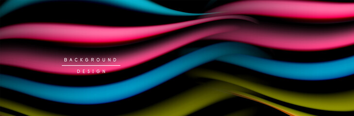 Сolorful flow poster. Wave liquid lines and shapes in black color background. Vector Illustration